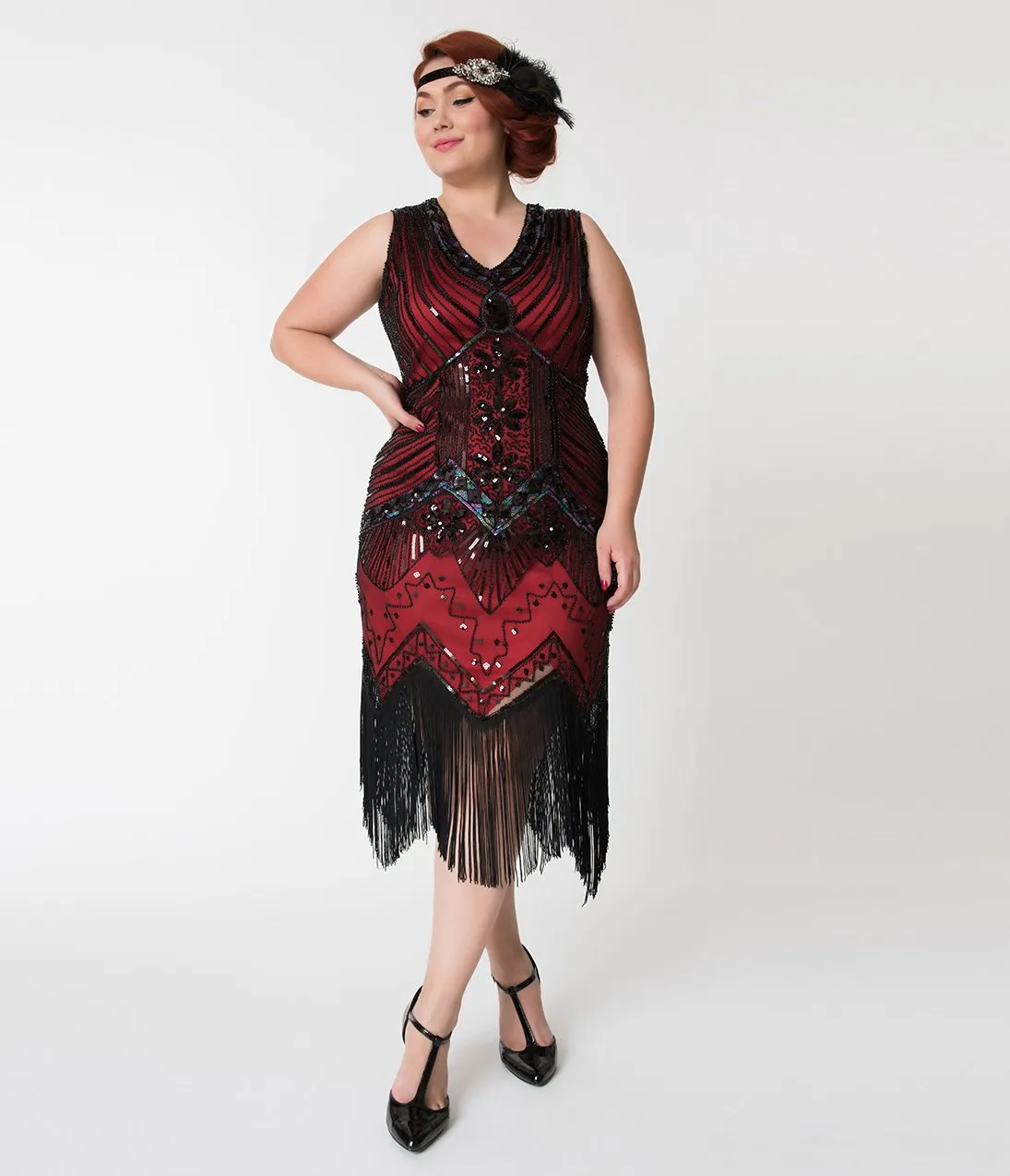 Unique Vintage Plus Size 1920s Deco Red & Black Veronique Fringe Flapper Dress