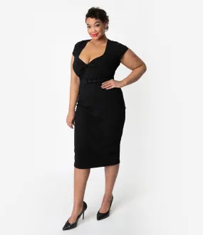 Unique Vintage Plus Size 1950s Black Sweetheart Stretch Knit Dianne Wiggle Dress