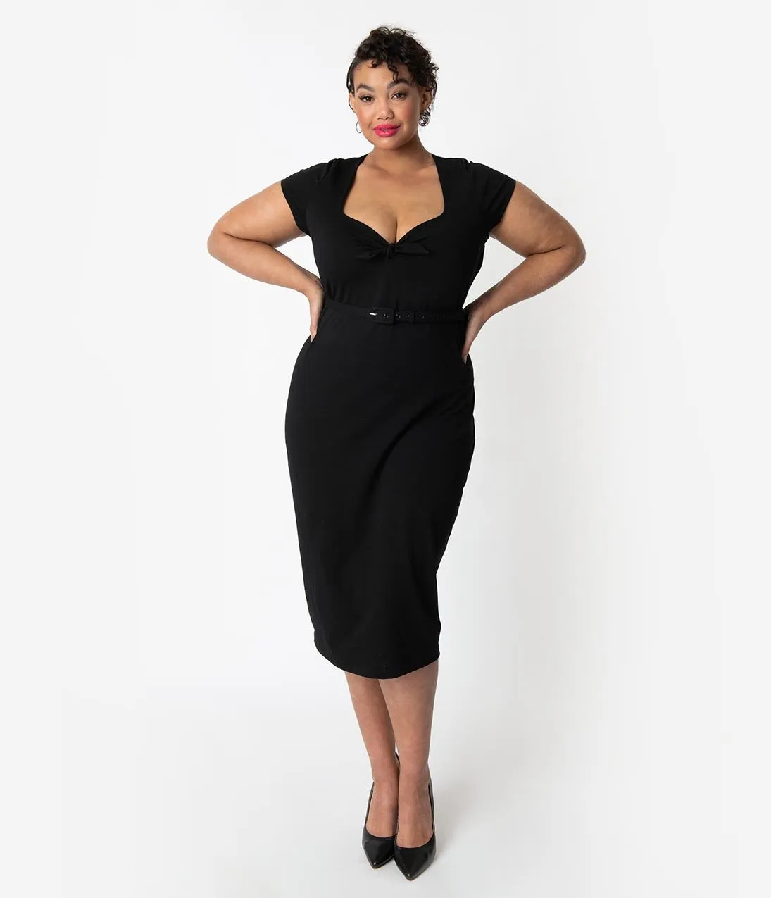 Unique Vintage Plus Size 1950s Black Sweetheart Stretch Knit Dianne Wiggle Dress