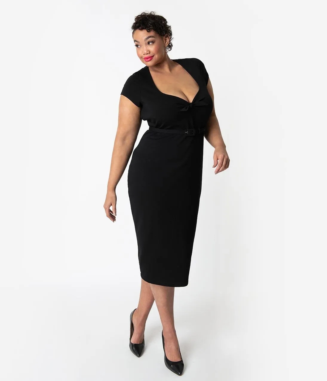 Unique Vintage Plus Size 1950s Black Sweetheart Stretch Knit Dianne Wiggle Dress