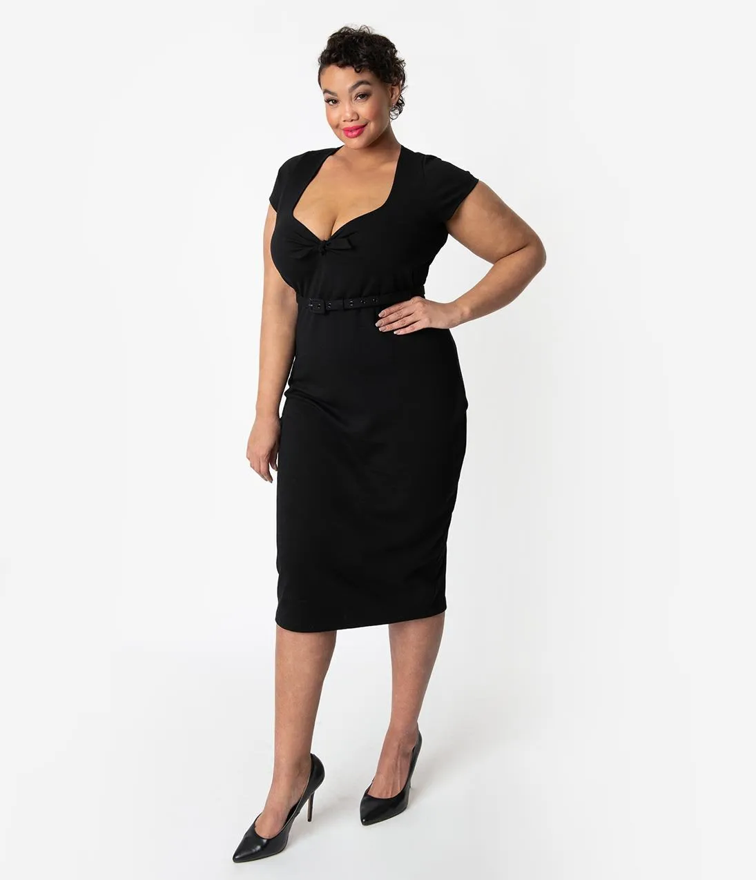 Unique Vintage Plus Size 1950s Black Sweetheart Stretch Knit Dianne Wiggle Dress