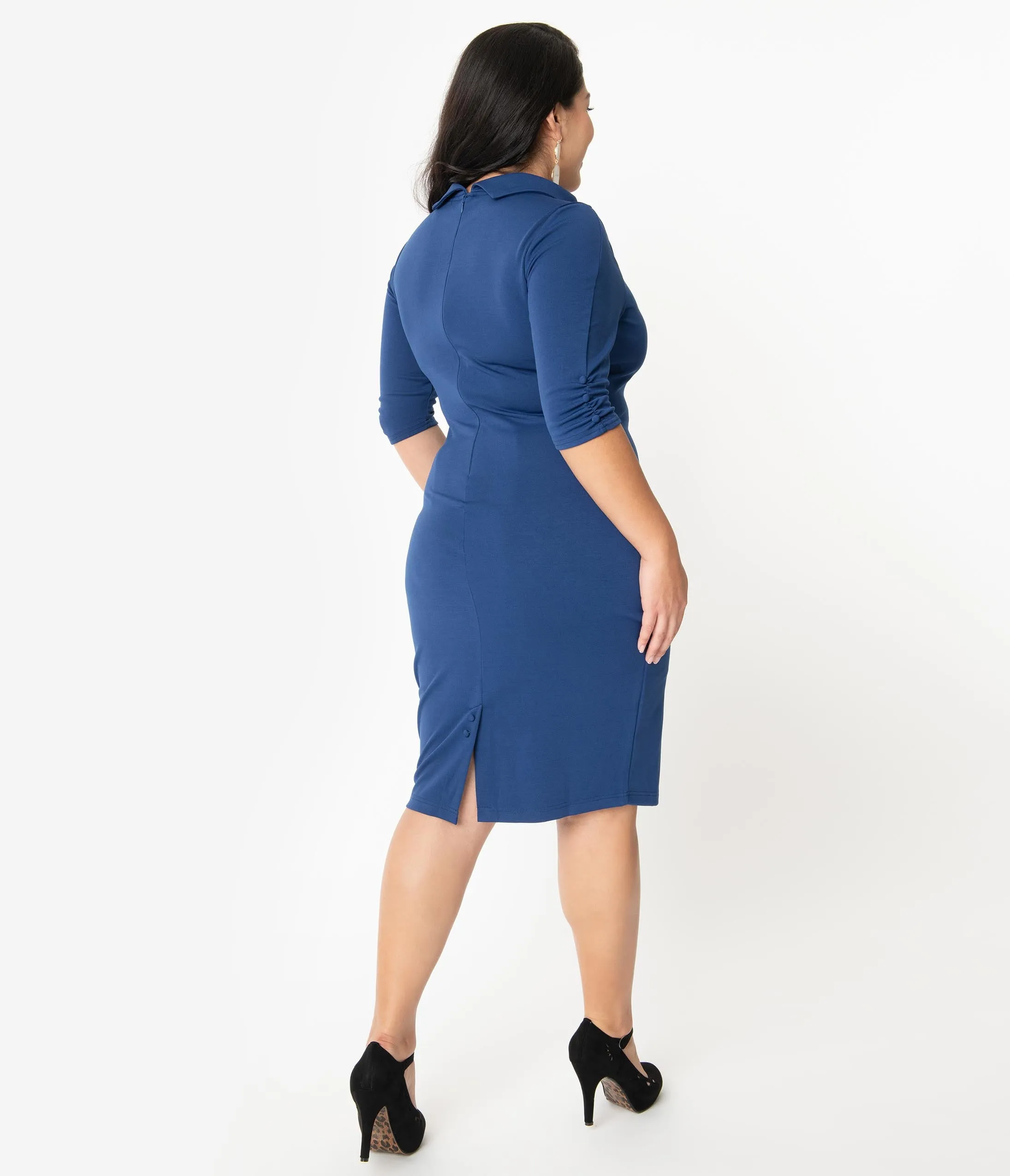 Unique Vintage Plus Size 1960s Retro Blue Half Sleeve Cassidy Wiggle Dress