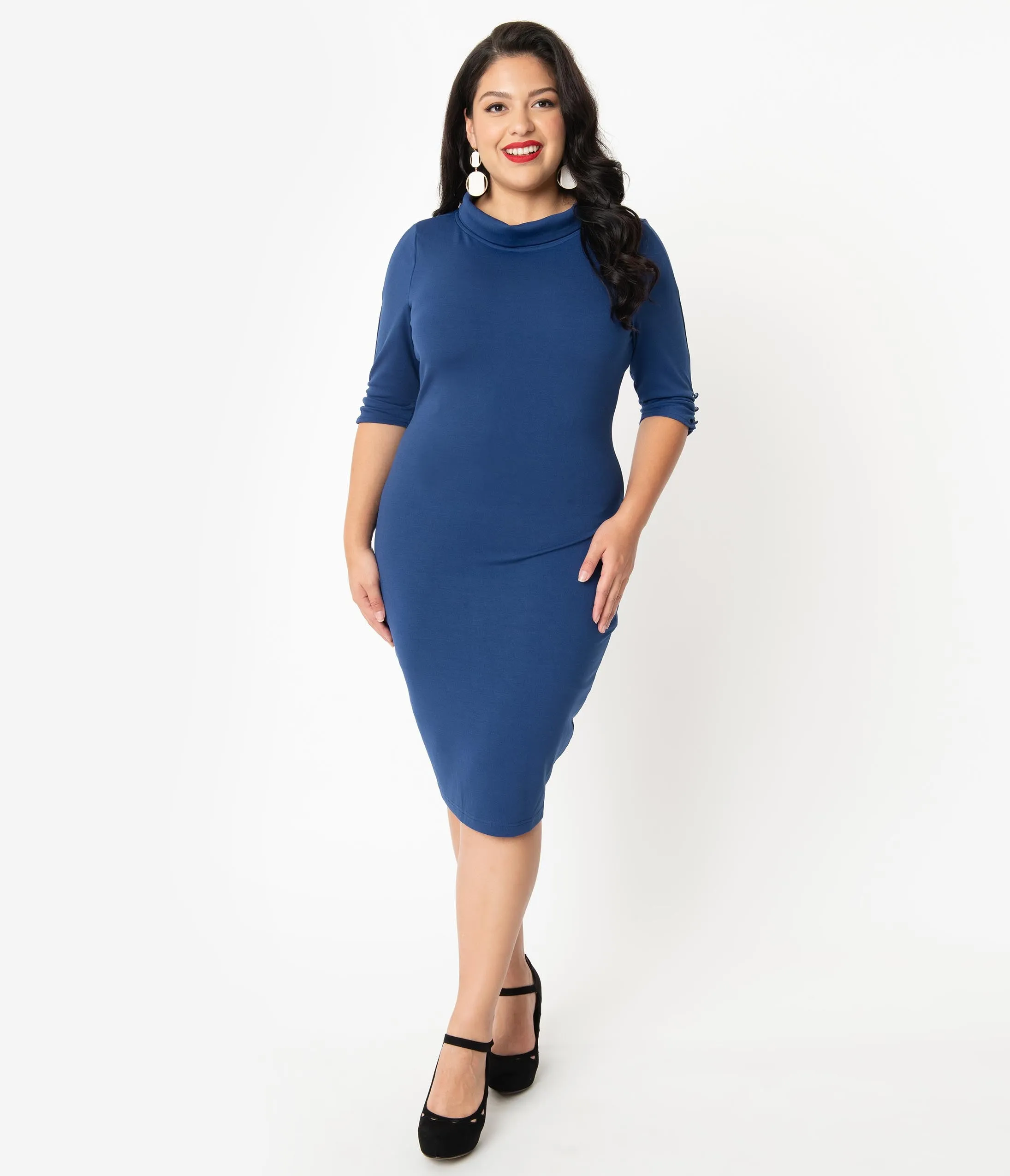 Unique Vintage Plus Size 1960s Retro Blue Half Sleeve Cassidy Wiggle Dress