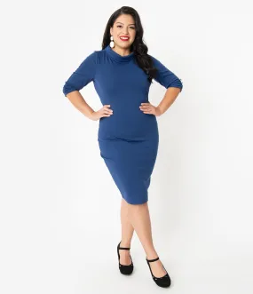 Unique Vintage Plus Size 1960s Retro Blue Half Sleeve Cassidy Wiggle Dress