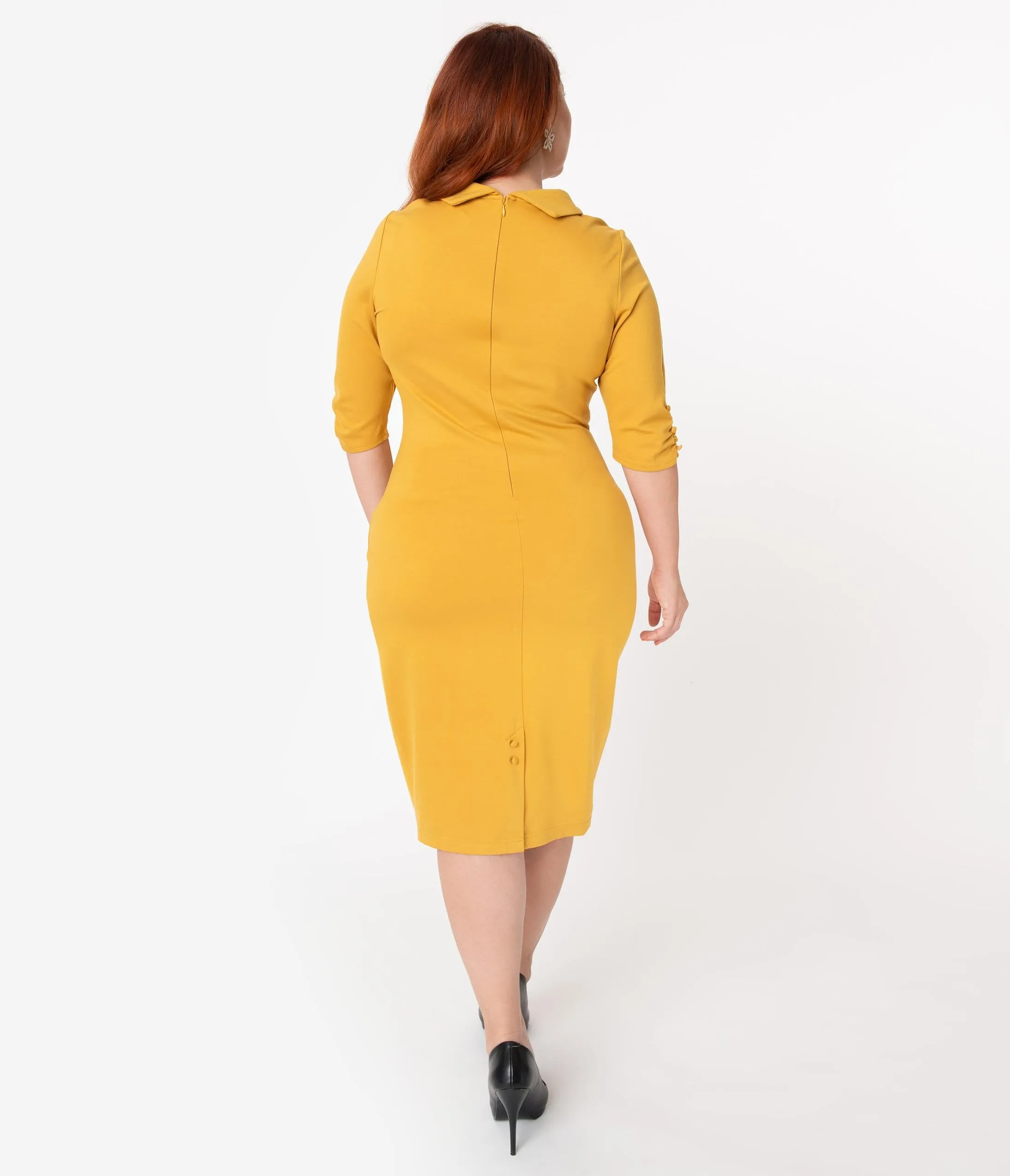 Unique Vintage Plus Size 1960s Retro Mustard Half Sleeve Cassidy Wiggle Dress