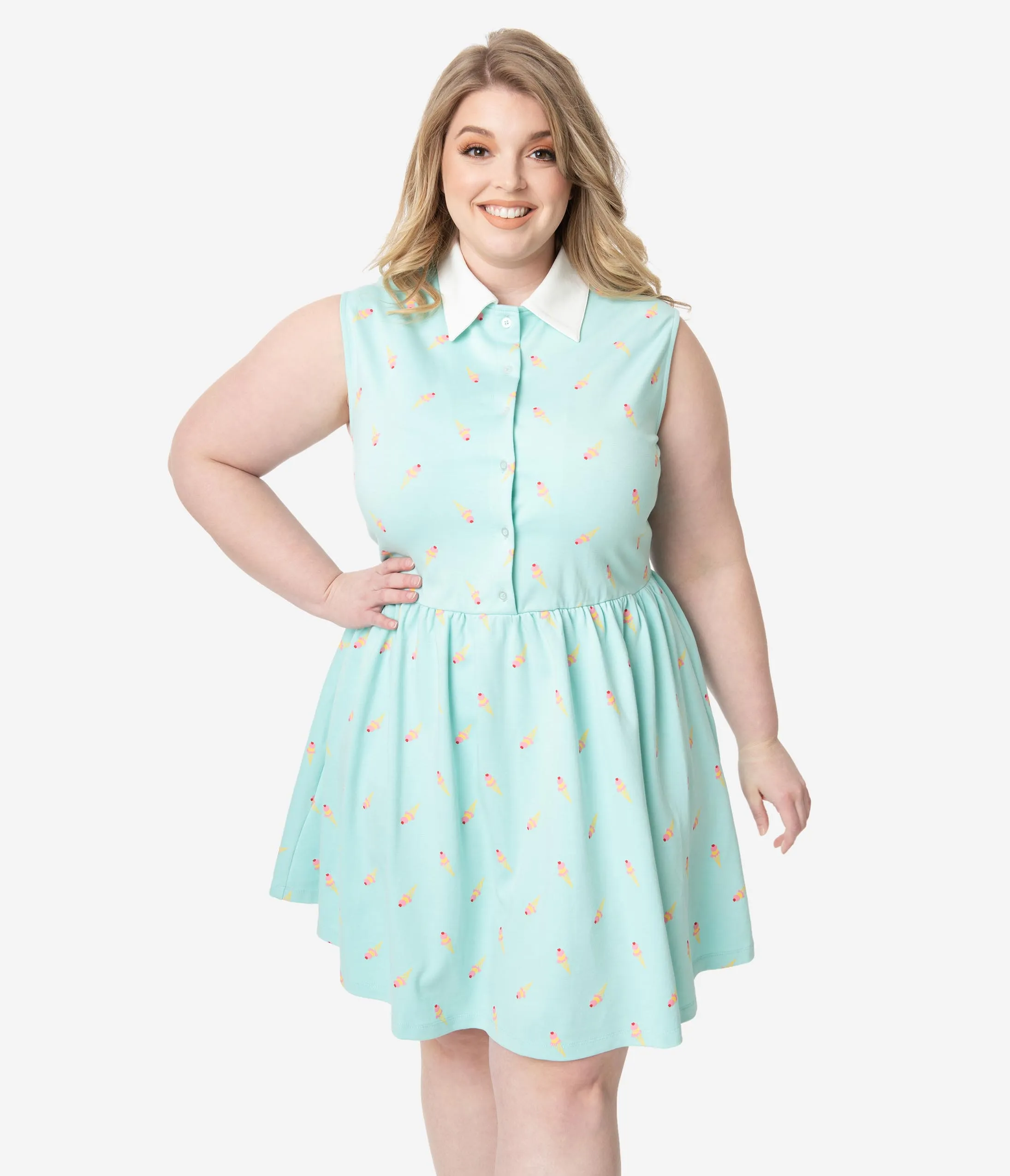 Unique Vintage Plus Size Mint Ice Cream Print Josie Fit & Flare Dress