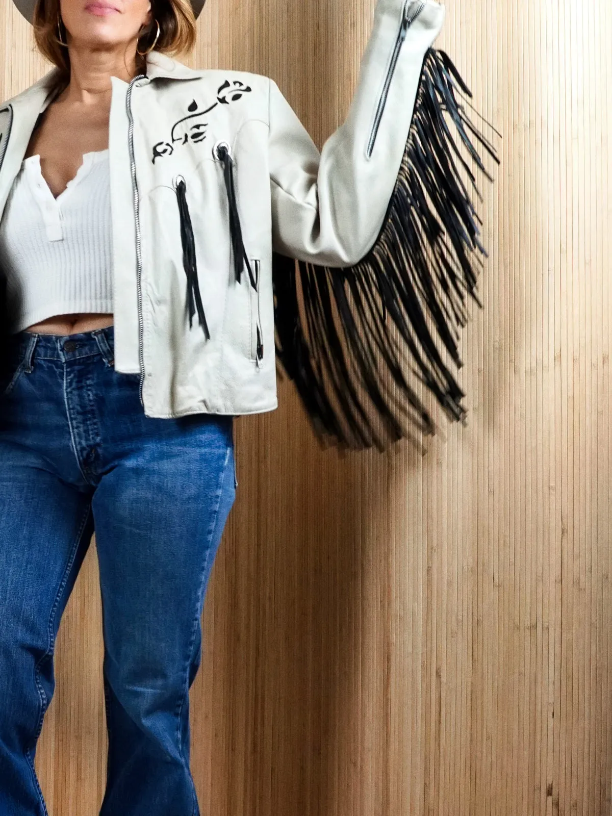 Vintage Bone White Leather Western Fringe Jacket