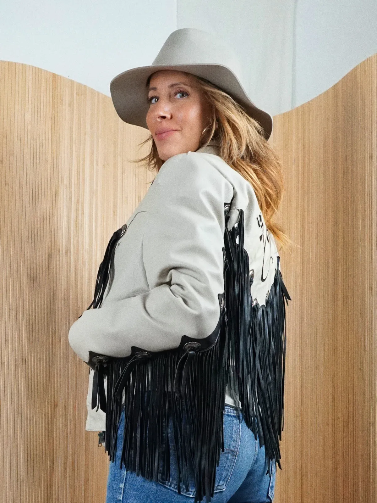 Vintage Bone White Leather Western Fringe Jacket