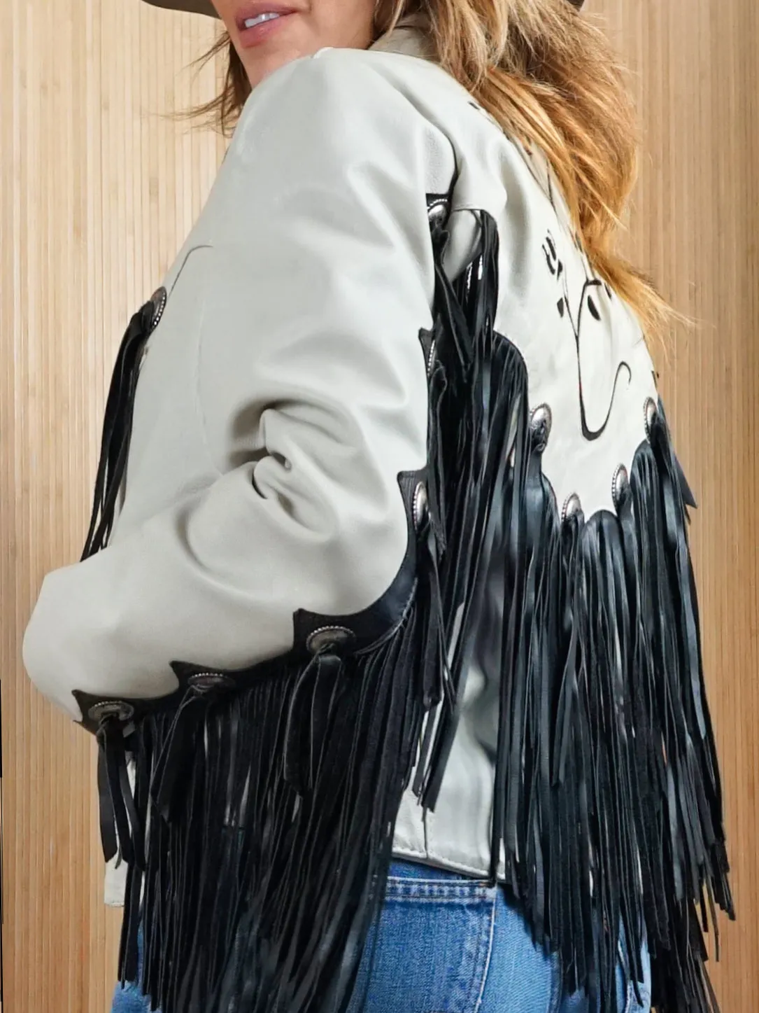 Vintage Bone White Leather Western Fringe Jacket