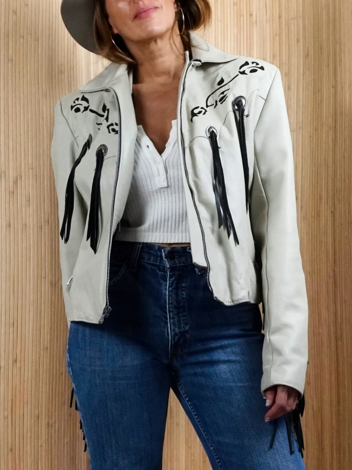 Vintage Bone White Leather Western Fringe Jacket