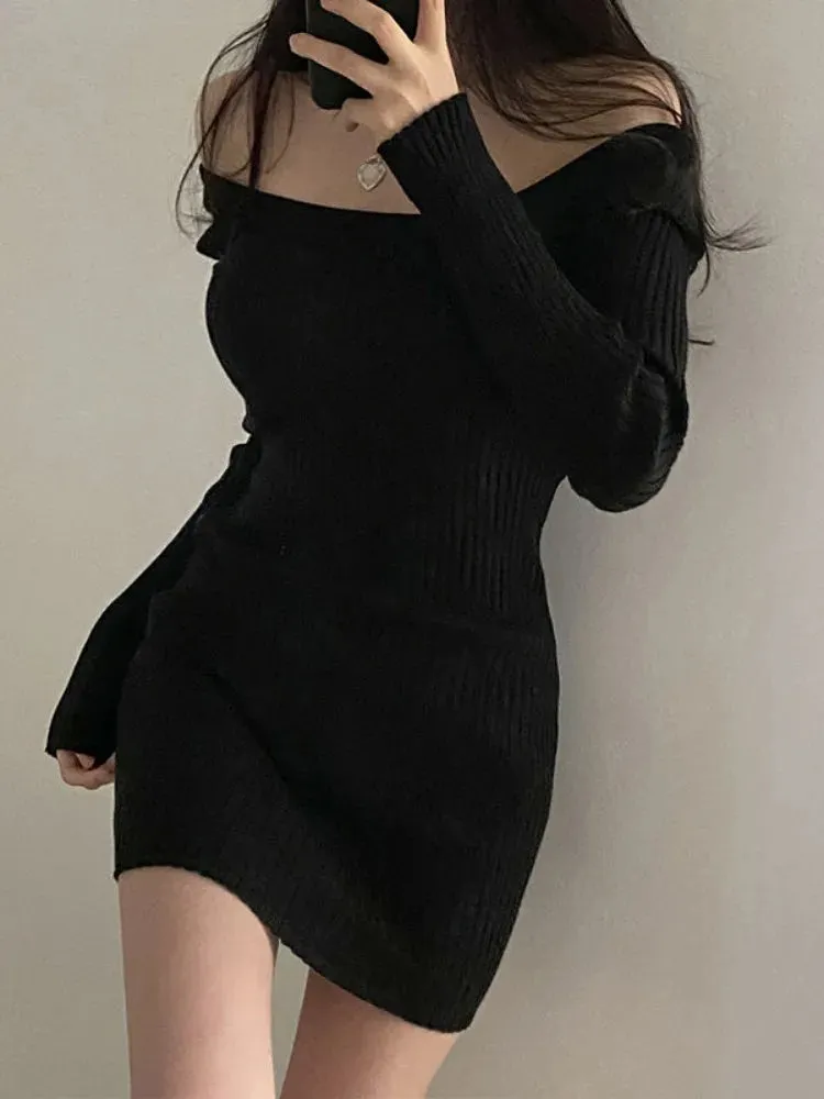 Vintage Knitted Bodycon Mini Dress Women Retro Wrap Knit Sexy Square Collar Slim Long Sleeve Short Dresses Autumn