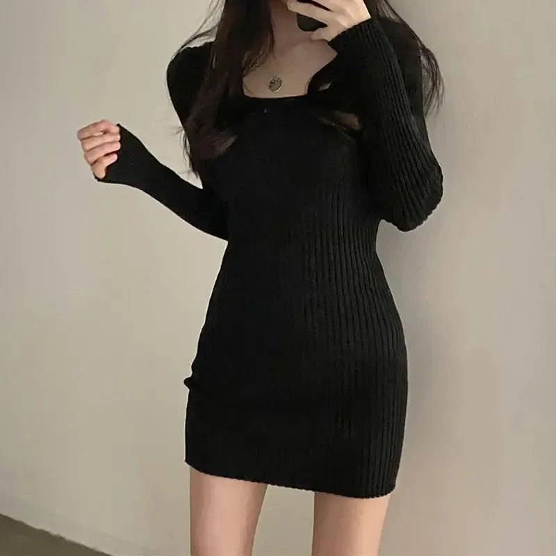 Vintage Knitted Bodycon Mini Dress Women Retro Wrap Knit Sexy Square Collar Slim Long Sleeve Short Dresses Autumn