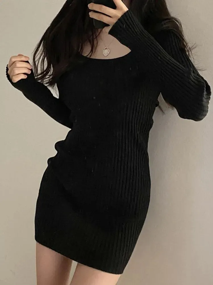 Vintage Knitted Bodycon Mini Dress Women Retro Wrap Knit Sexy Square Collar Slim Long Sleeve Short Dresses Autumn