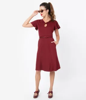 Voodoo Vixen 1950s Style Burgundy Red Twist Keyhole Swing Dress