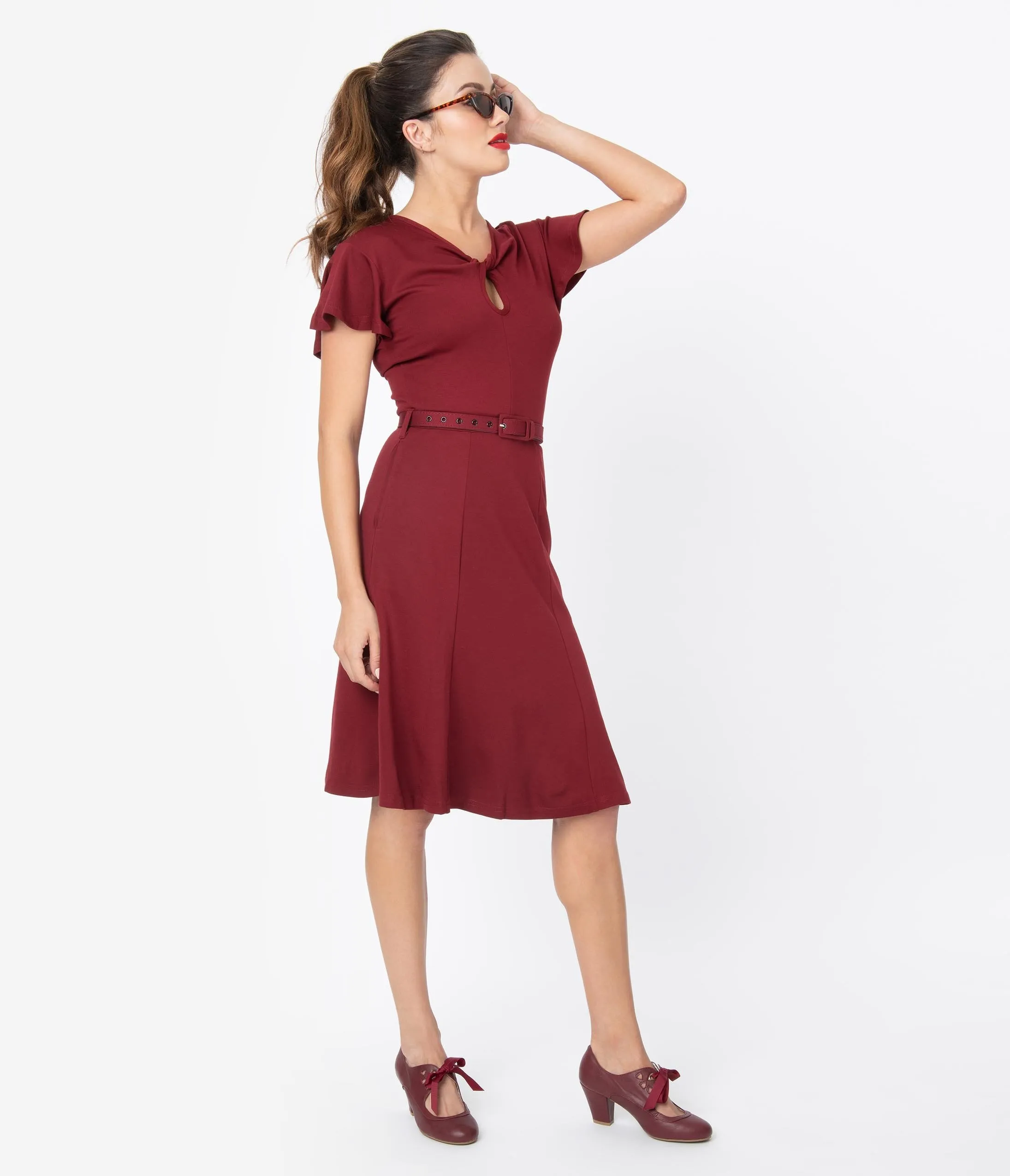 Voodoo Vixen 1950s Style Burgundy Red Twist Keyhole Swing Dress