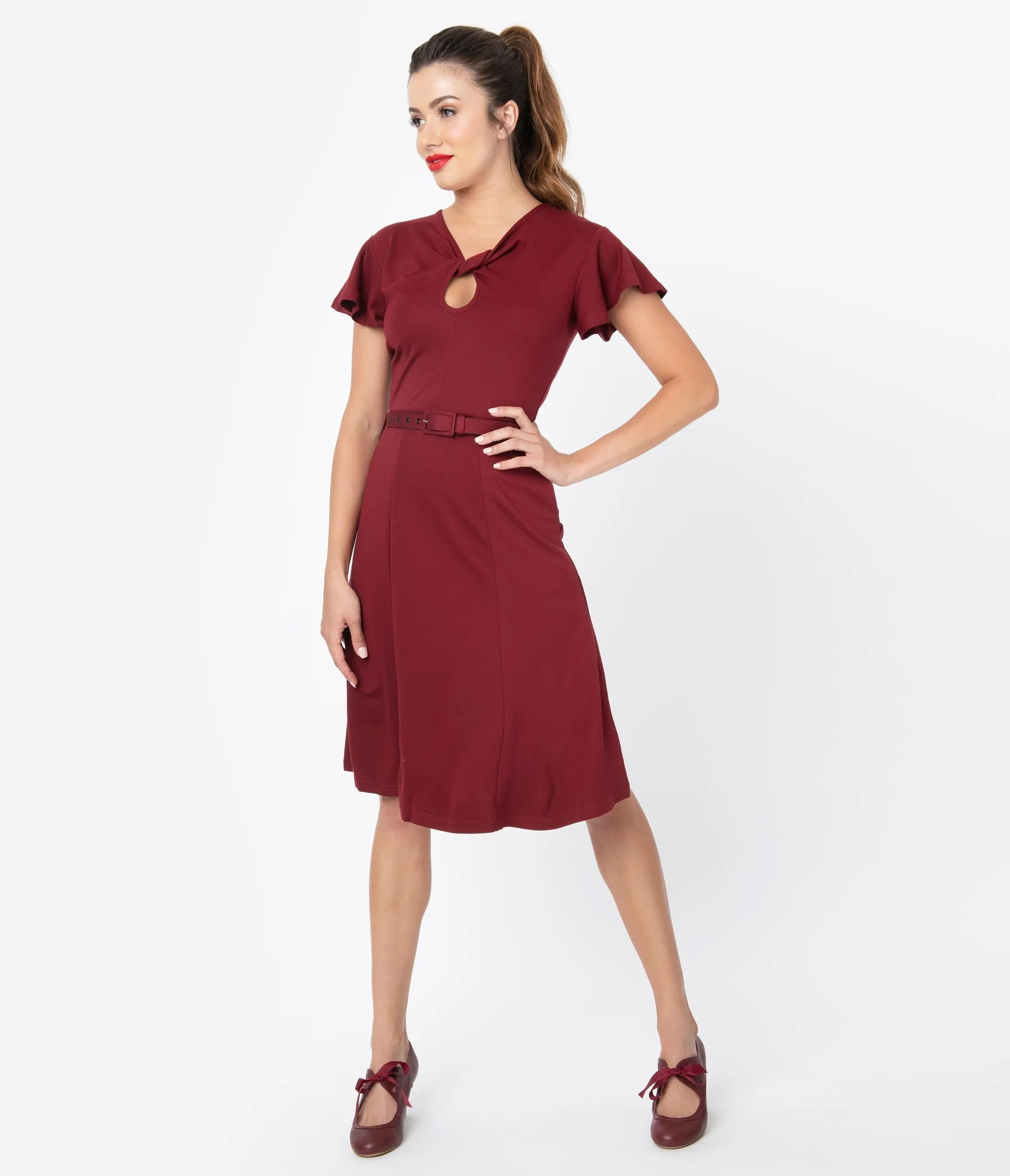 Voodoo Vixen 1950s Style Burgundy Red Twist Keyhole Swing Dress