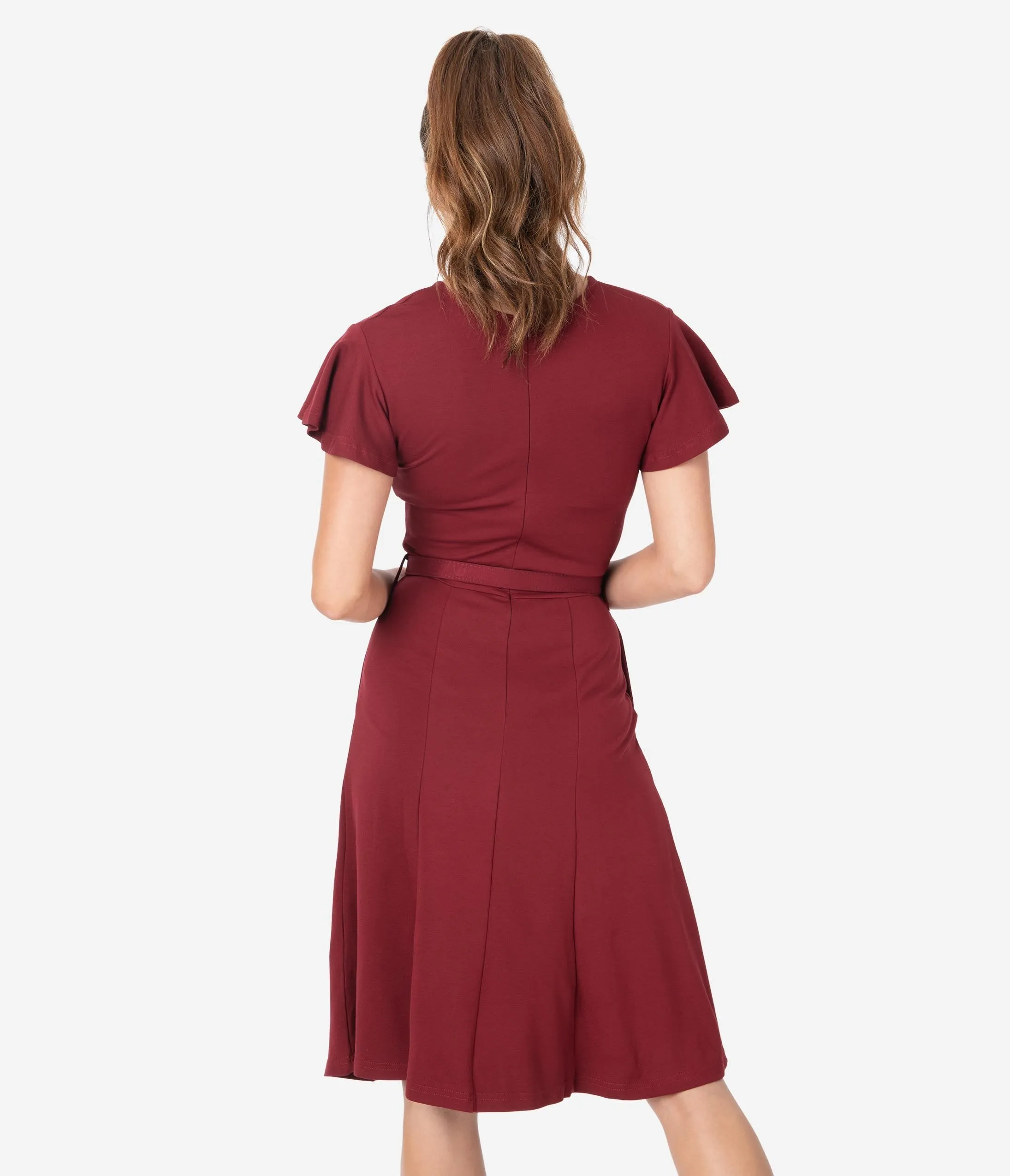 Voodoo Vixen 1950s Style Burgundy Red Twist Keyhole Swing Dress