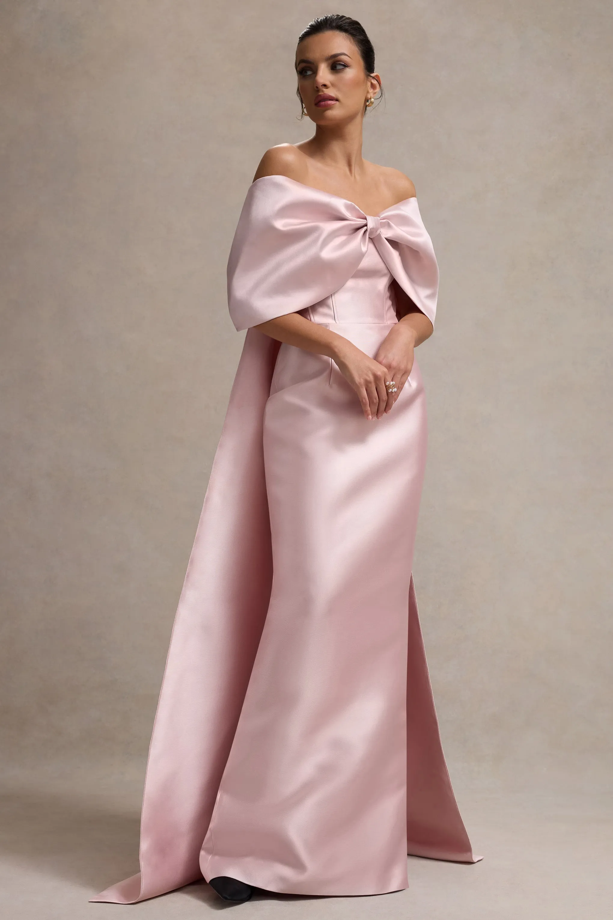 Wanting More | Pink Satin Cape Maxi Dress With Oversized Bow