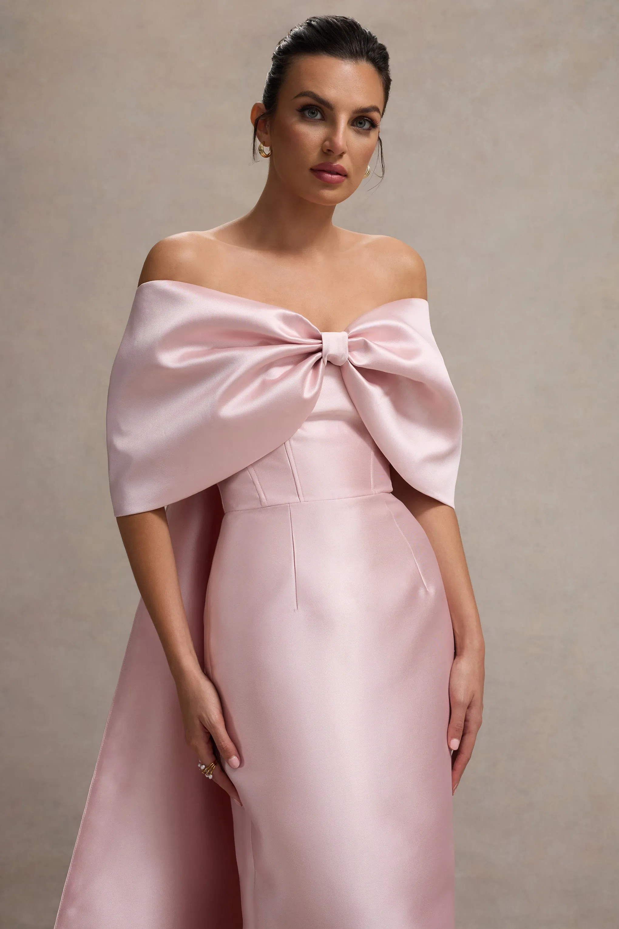 Wanting More | Pink Satin Cape Maxi Dress With Oversized Bow