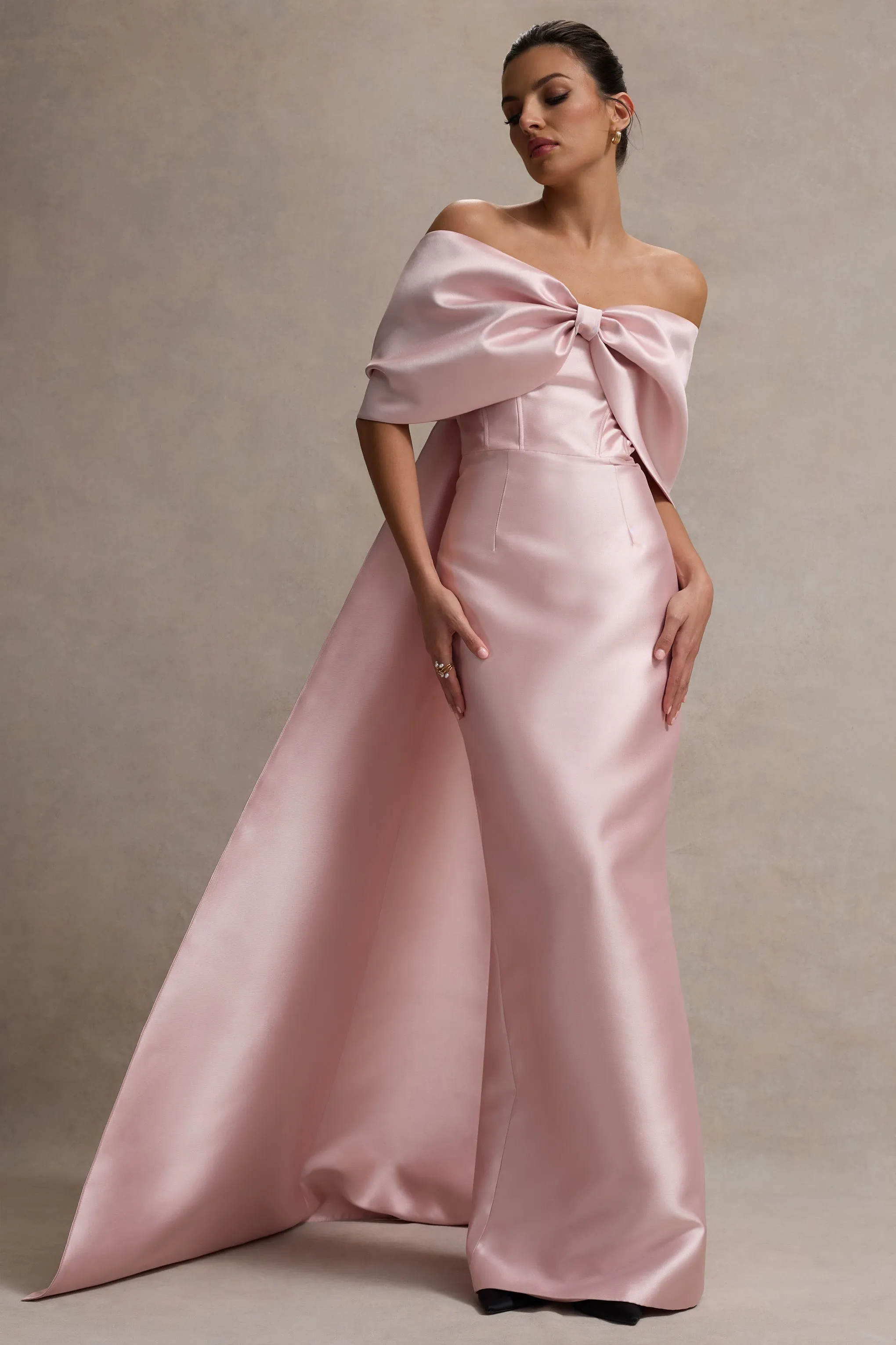 Wanting More | Pink Satin Cape Maxi Dress With Oversized Bow