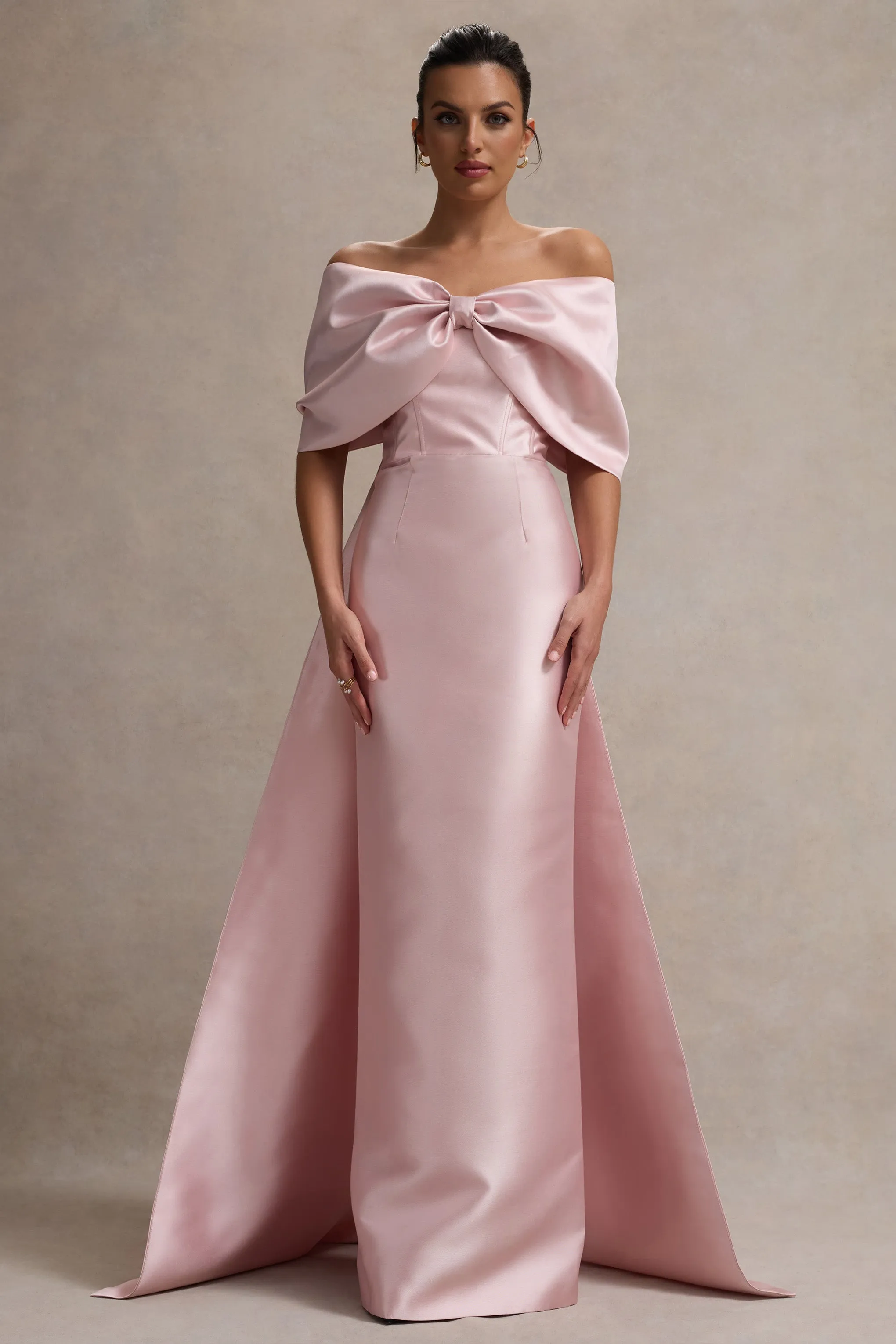 Wanting More | Pink Satin Cape Maxi Dress With Oversized Bow