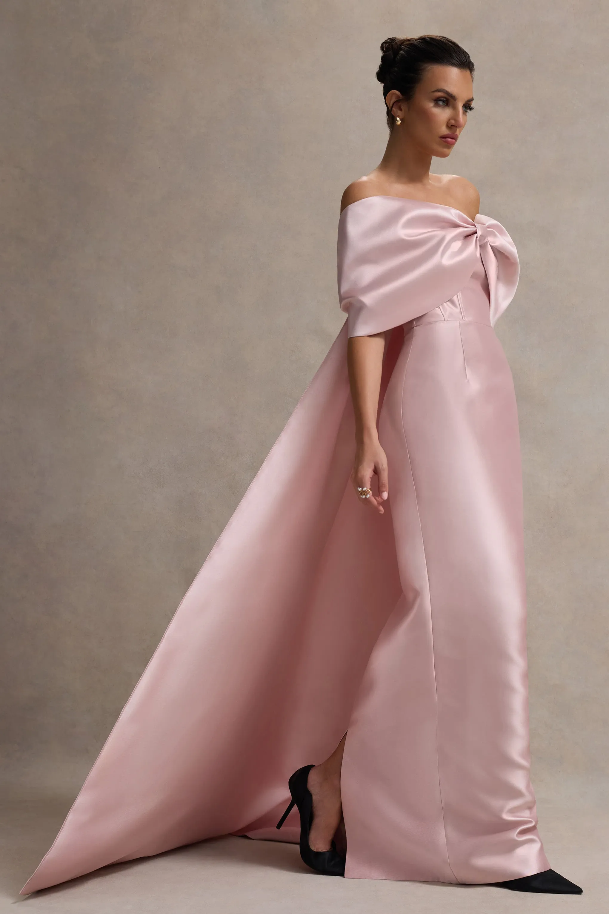 Wanting More | Pink Satin Cape Maxi Dress With Oversized Bow