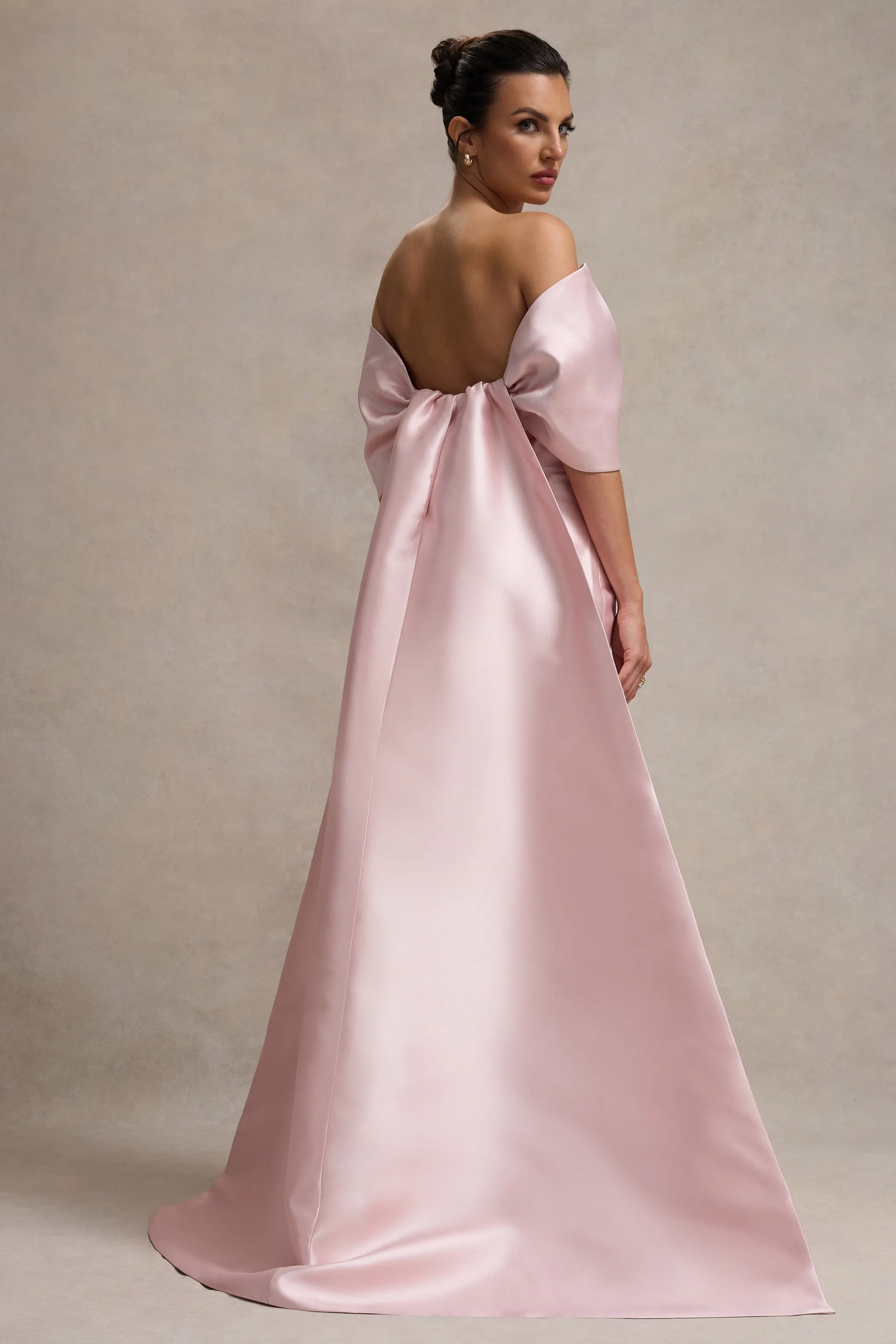 Wanting More | Pink Satin Cape Maxi Dress With Oversized Bow