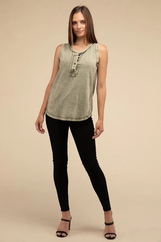 Washed Half-Button Raw Edge Sleeveless Henley Top