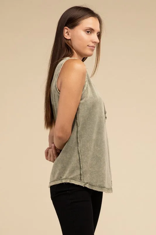 Washed Half-Button Raw Edge Sleeveless Henley Top