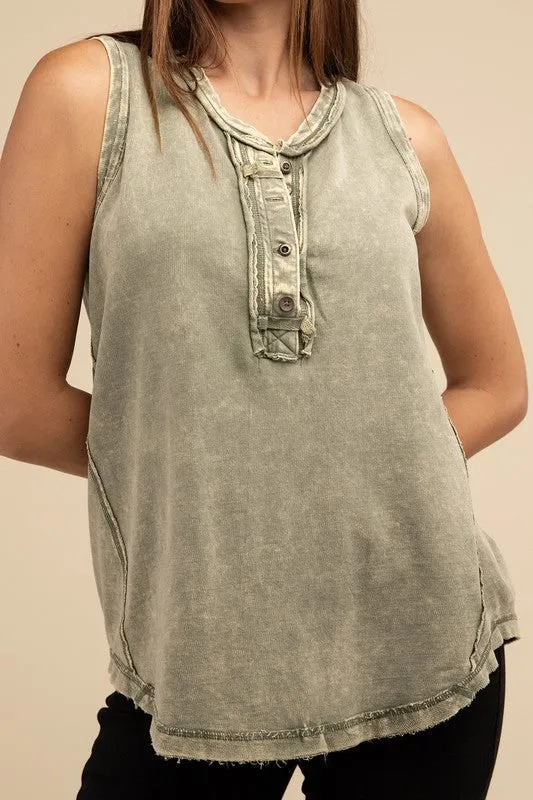 Washed Half-Button Raw Edge Sleeveless Henley Top