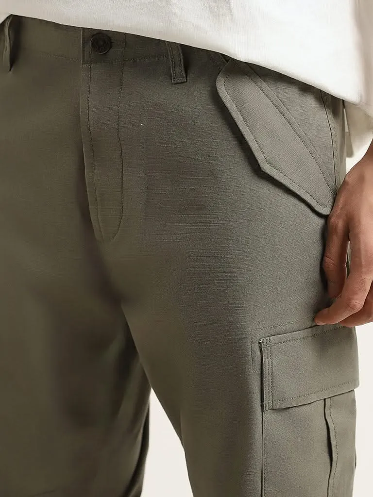 WES Casuals Olive Cargo Cotton Relaxed-Fit Joggers