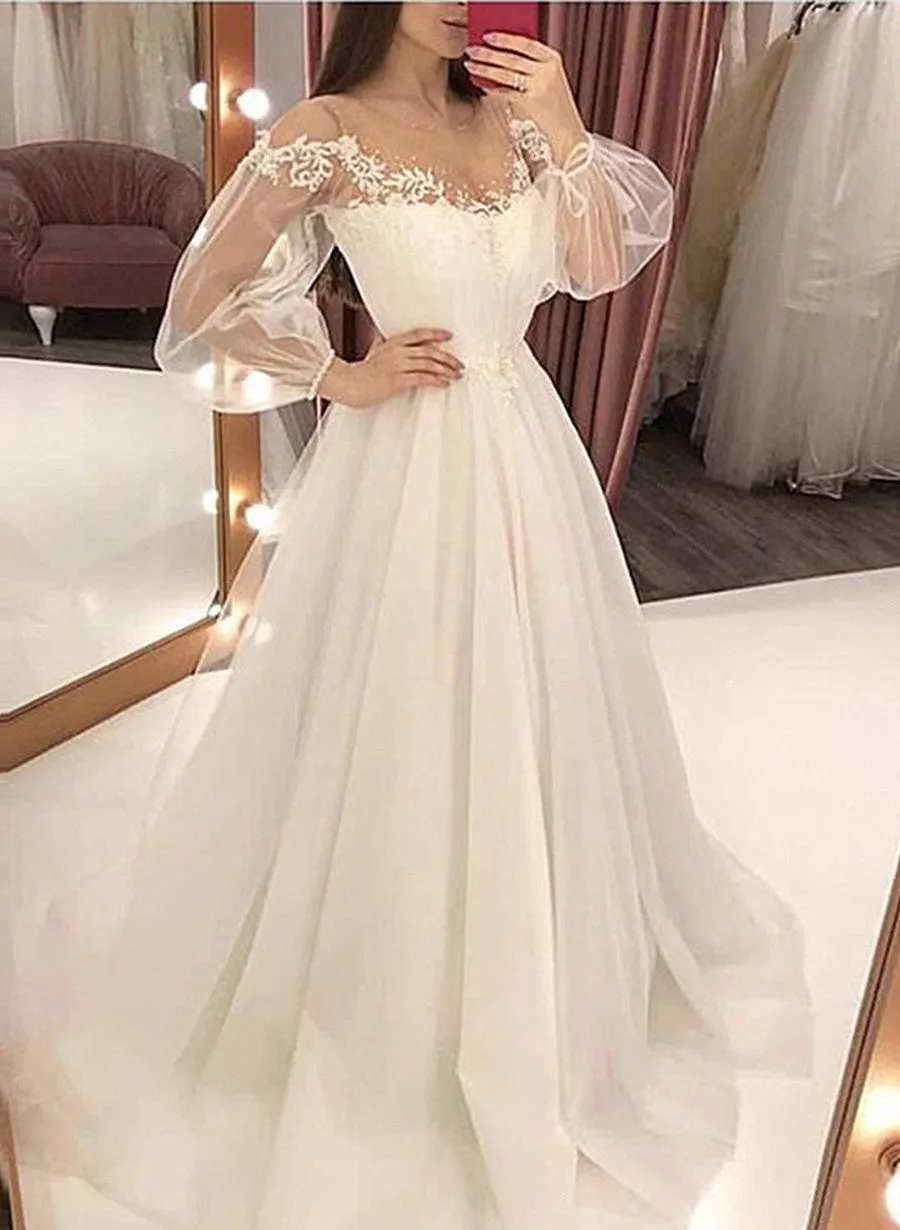 White Tulle Puffy Long Sleeves Party Dress with Lace, White Formal Dress