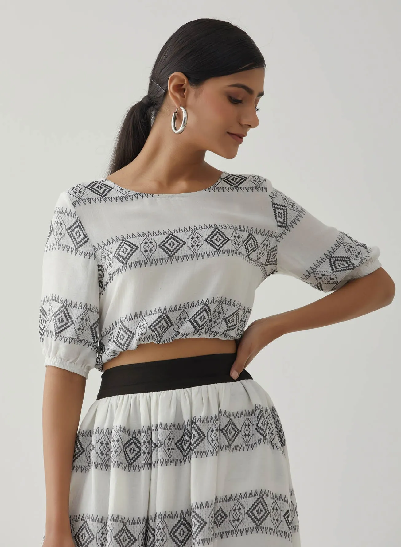 White/Black Crop Top Skirt Set