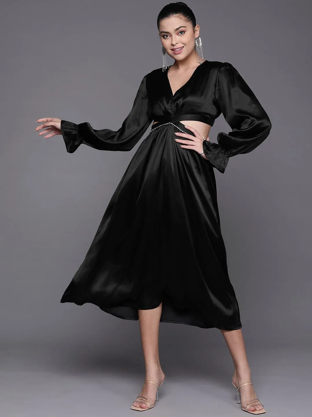 Women Black Satin Cut Out Midi Dress