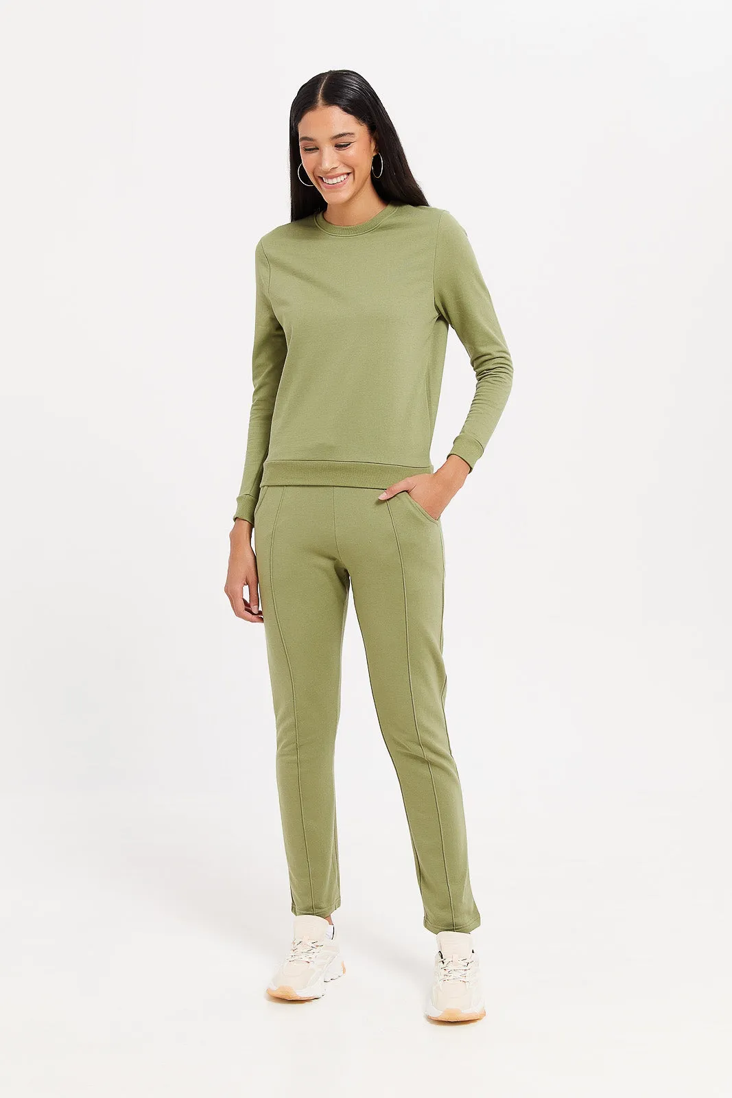 Women Green Plain Wide Leg Pants