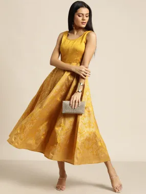 Women Mustard Foil Print Sleeveless Anarkali Maxi Dress