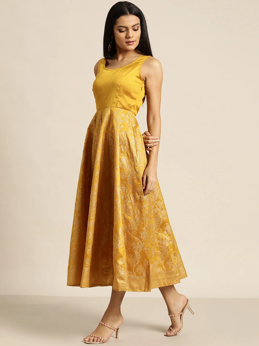 Women Mustard Foil Print Sleeveless Anarkali Maxi Dress