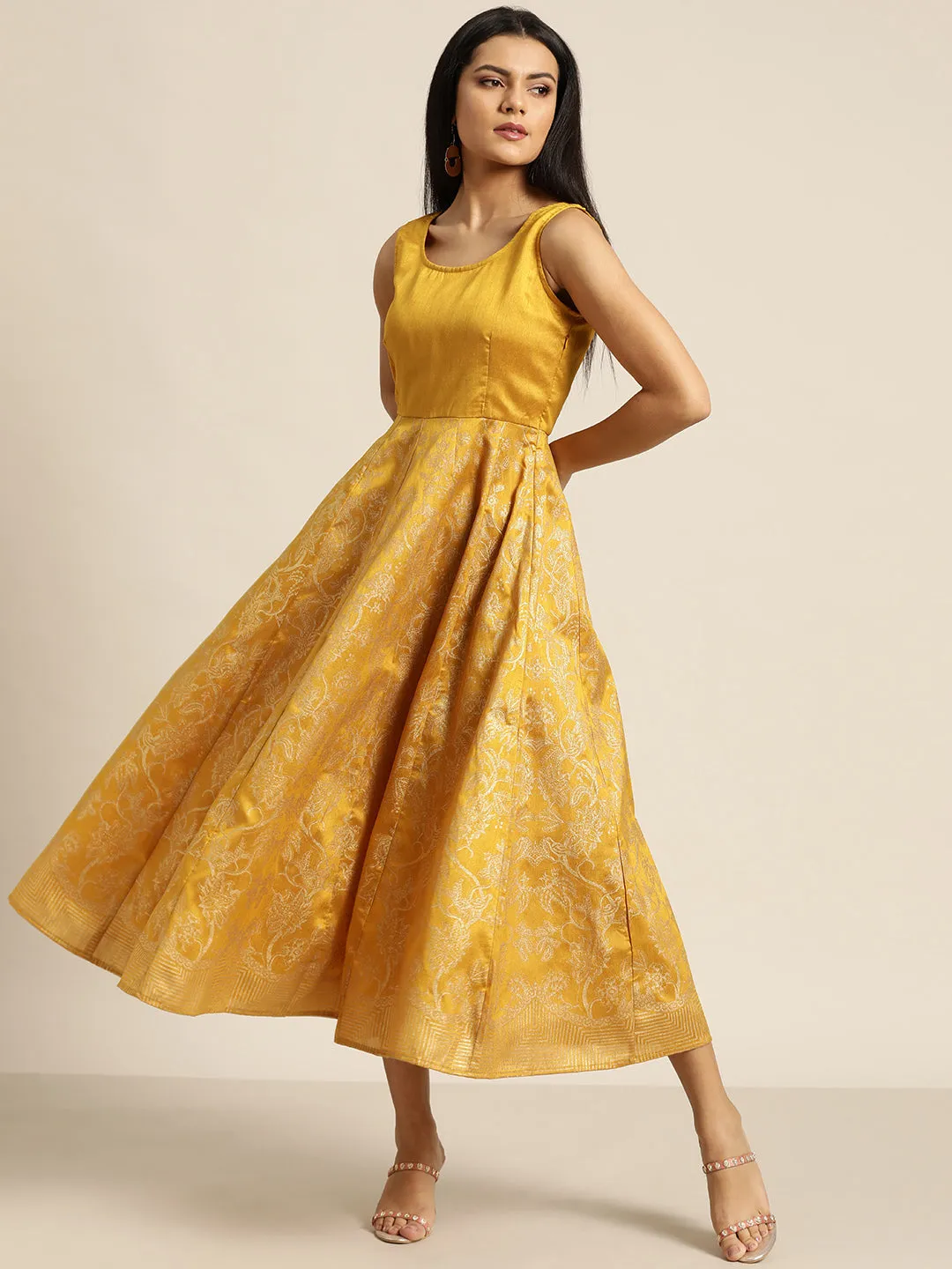 Women Mustard Foil Print Sleeveless Anarkali Maxi Dress