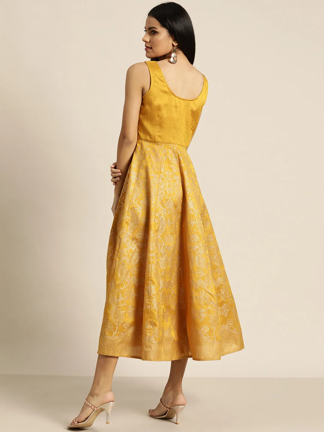 Women Mustard Foil Print Sleeveless Anarkali Maxi Dress