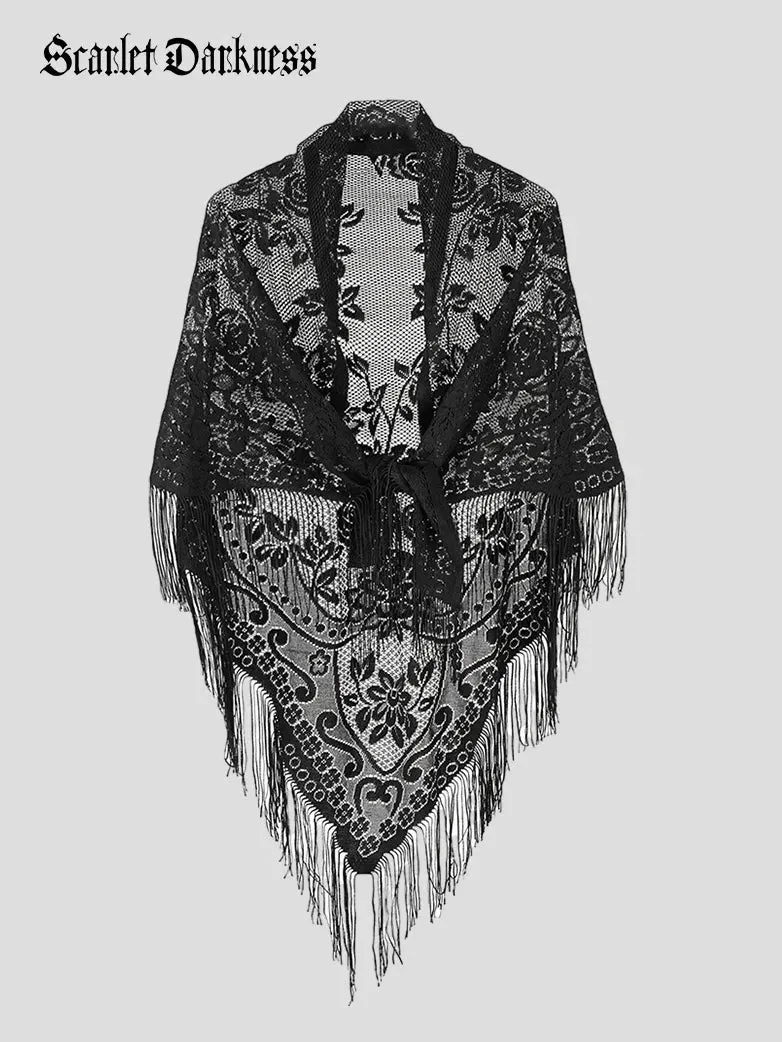 Women Victorian Gothic Lace Jacquard Tassel Cape