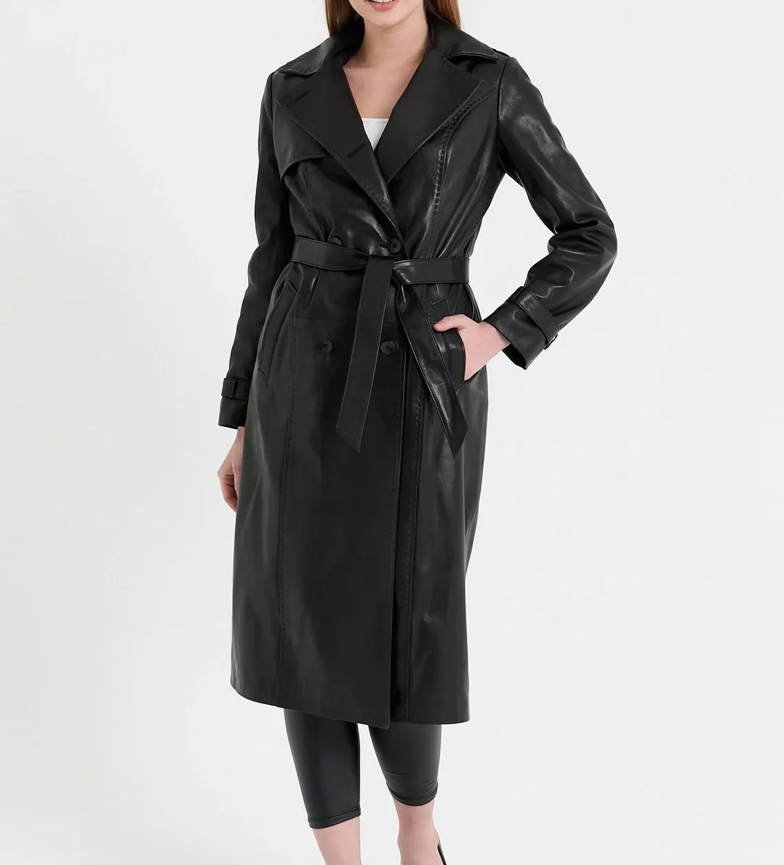 Women's Black Real Leather Trench Long Overcoat