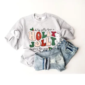 Women's Christmas Holly Jolly Christmas Pullover Sweatshirt, Ash, White, Sand Crewneck, Retro Sweatshirt