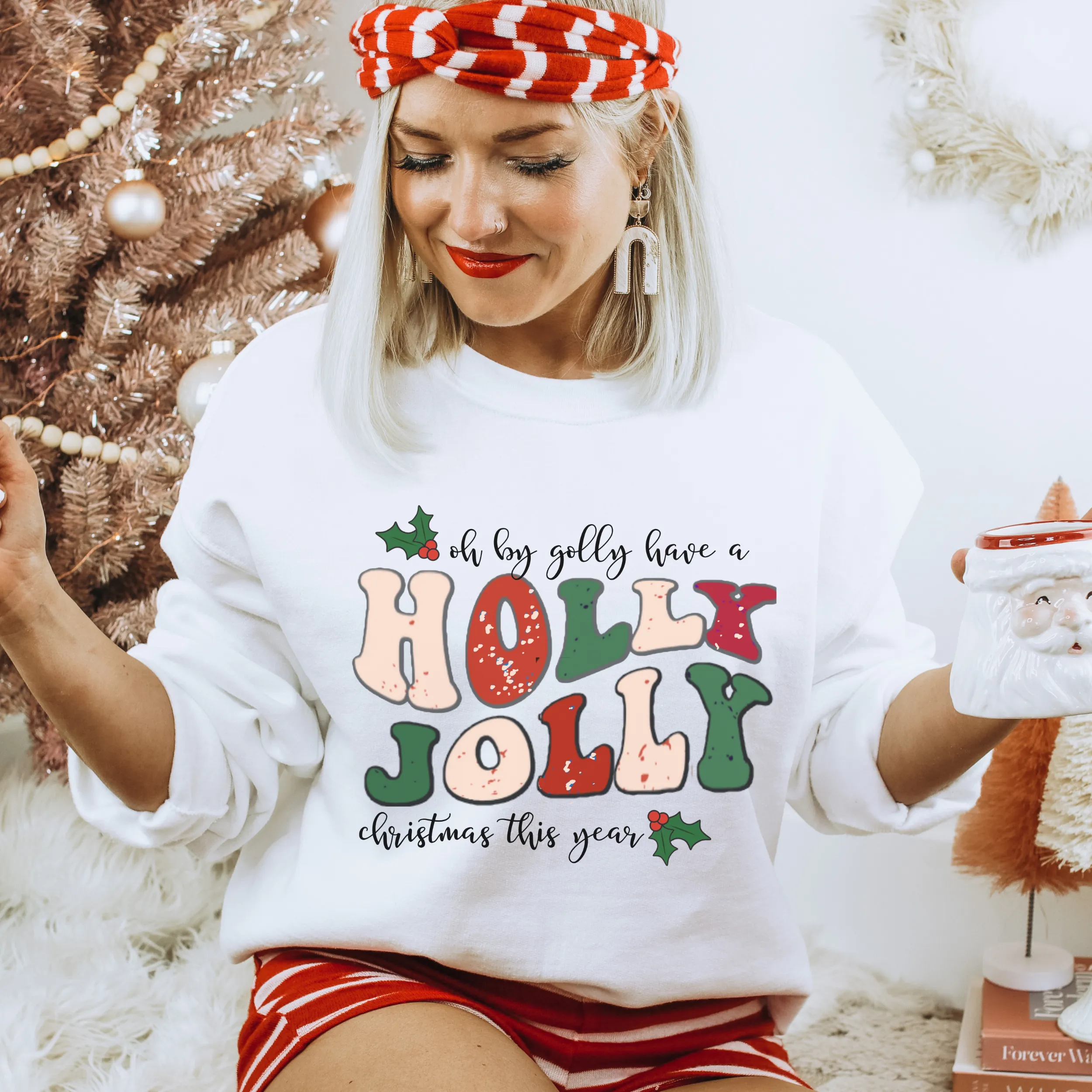 Women's Christmas Holly Jolly Christmas Pullover Sweatshirt, Ash, White, Sand Crewneck, Retro Sweatshirt