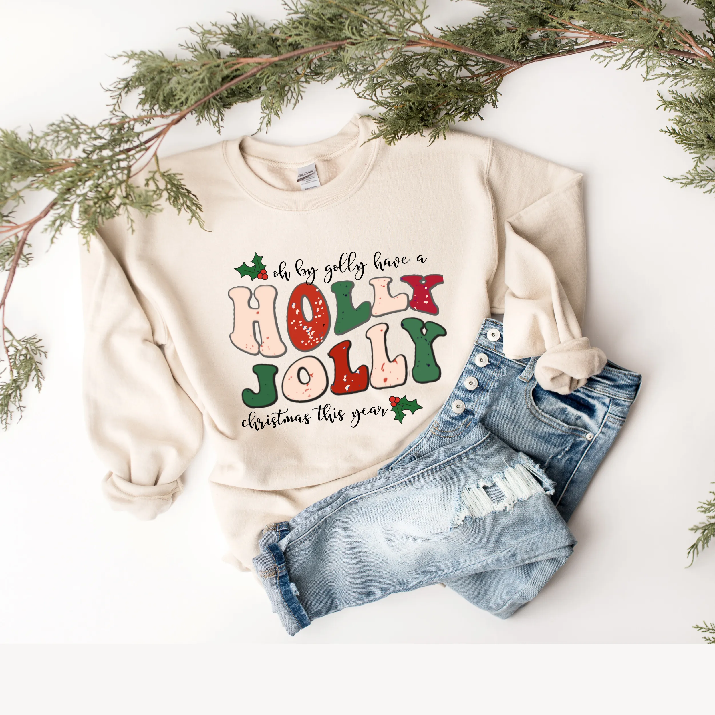 Women's Christmas Holly Jolly Christmas Pullover Sweatshirt, Ash, White, Sand Crewneck, Retro Sweatshirt