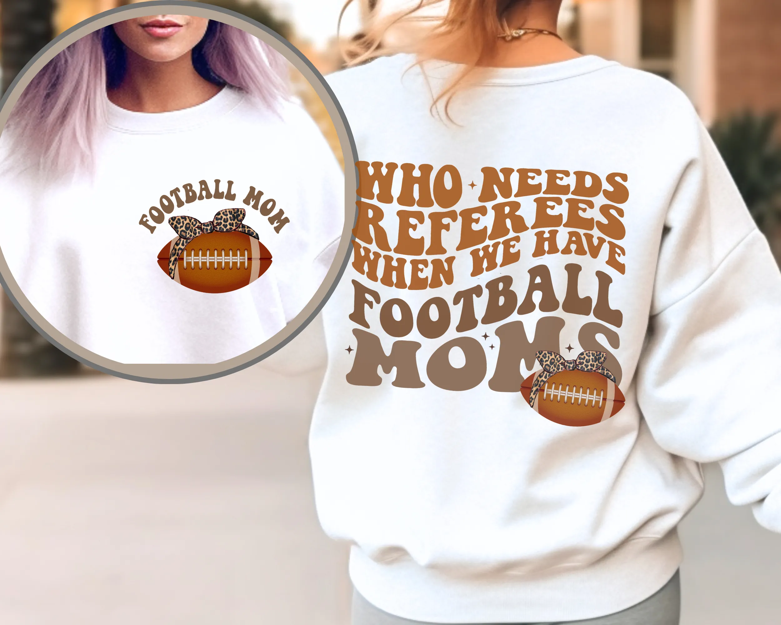 Women's Football Mom Sweatshirt, Funny Retro Front and Back Design Fall Crewneck Pullover