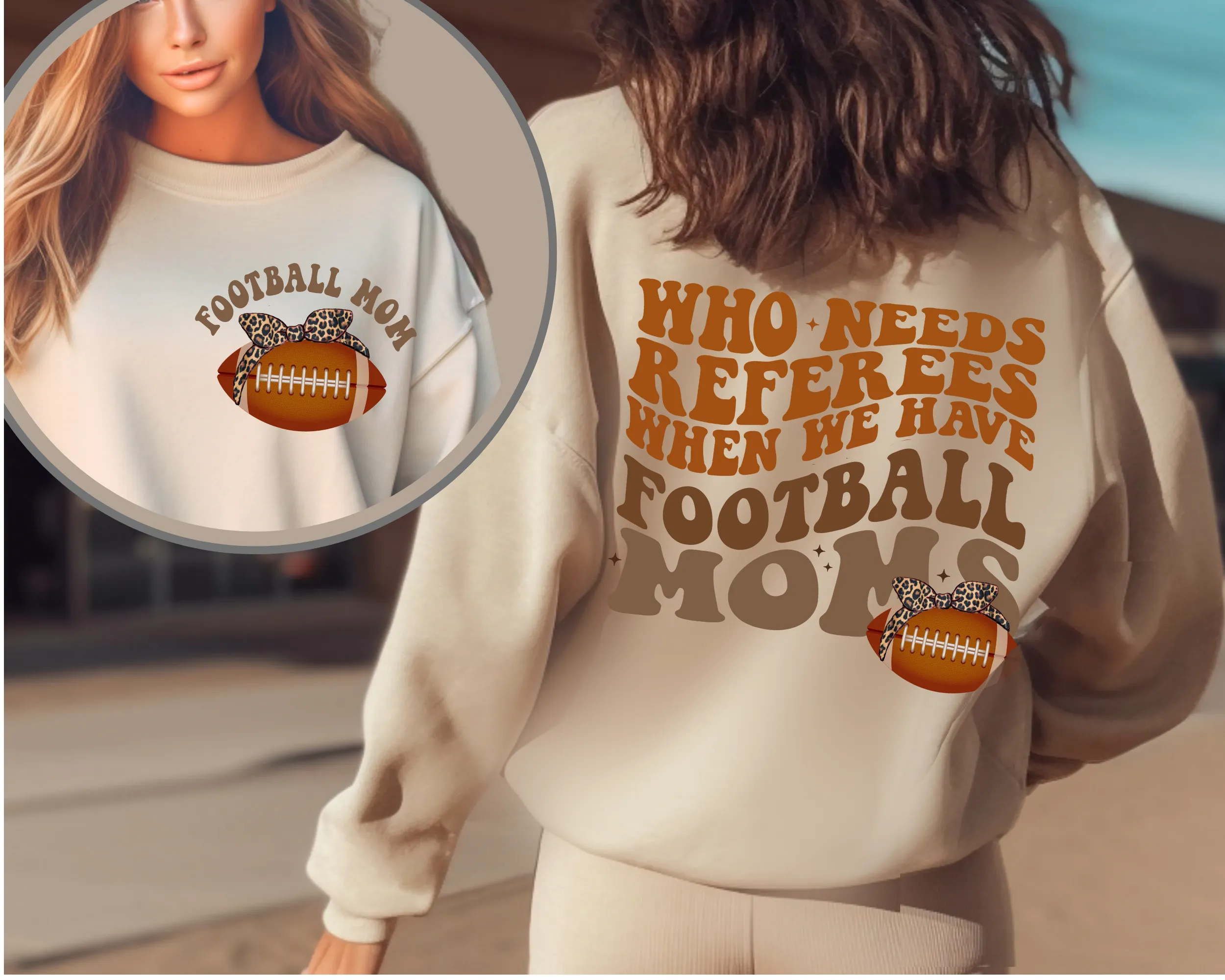 Women's Football Mom Sweatshirt, Funny Retro Front and Back Design Fall Crewneck Pullover