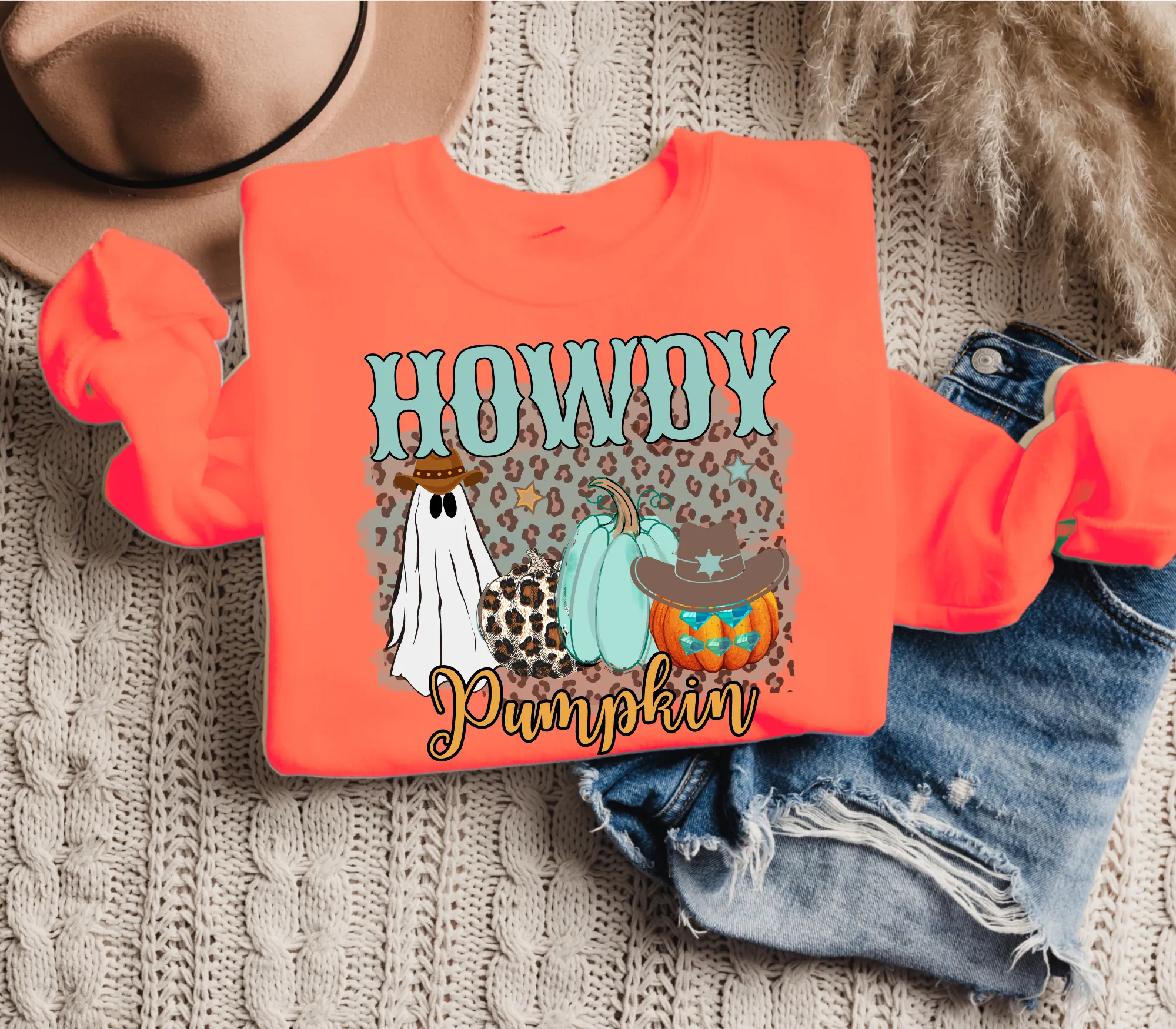 Women's Howdy Pumpkin Sweatshirt, Cute Halloween Crewneck Pullover