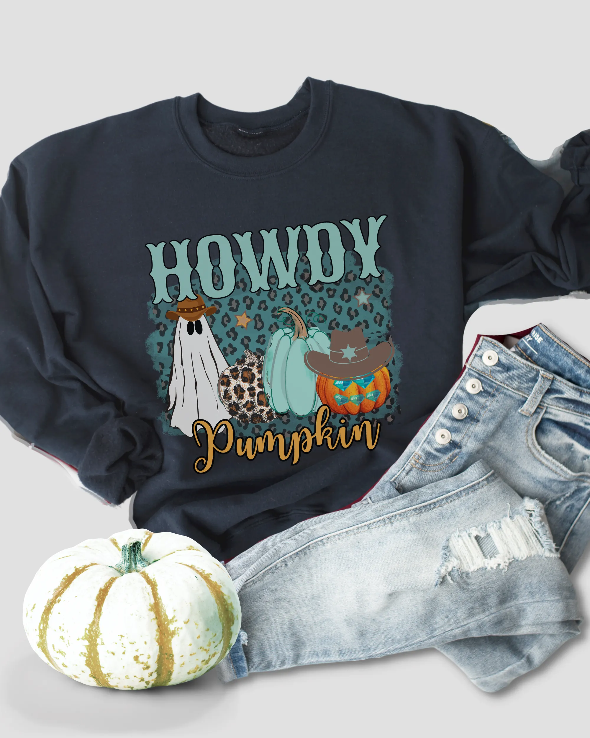 Women's Howdy Pumpkin Sweatshirt, Cute Halloween Crewneck Pullover