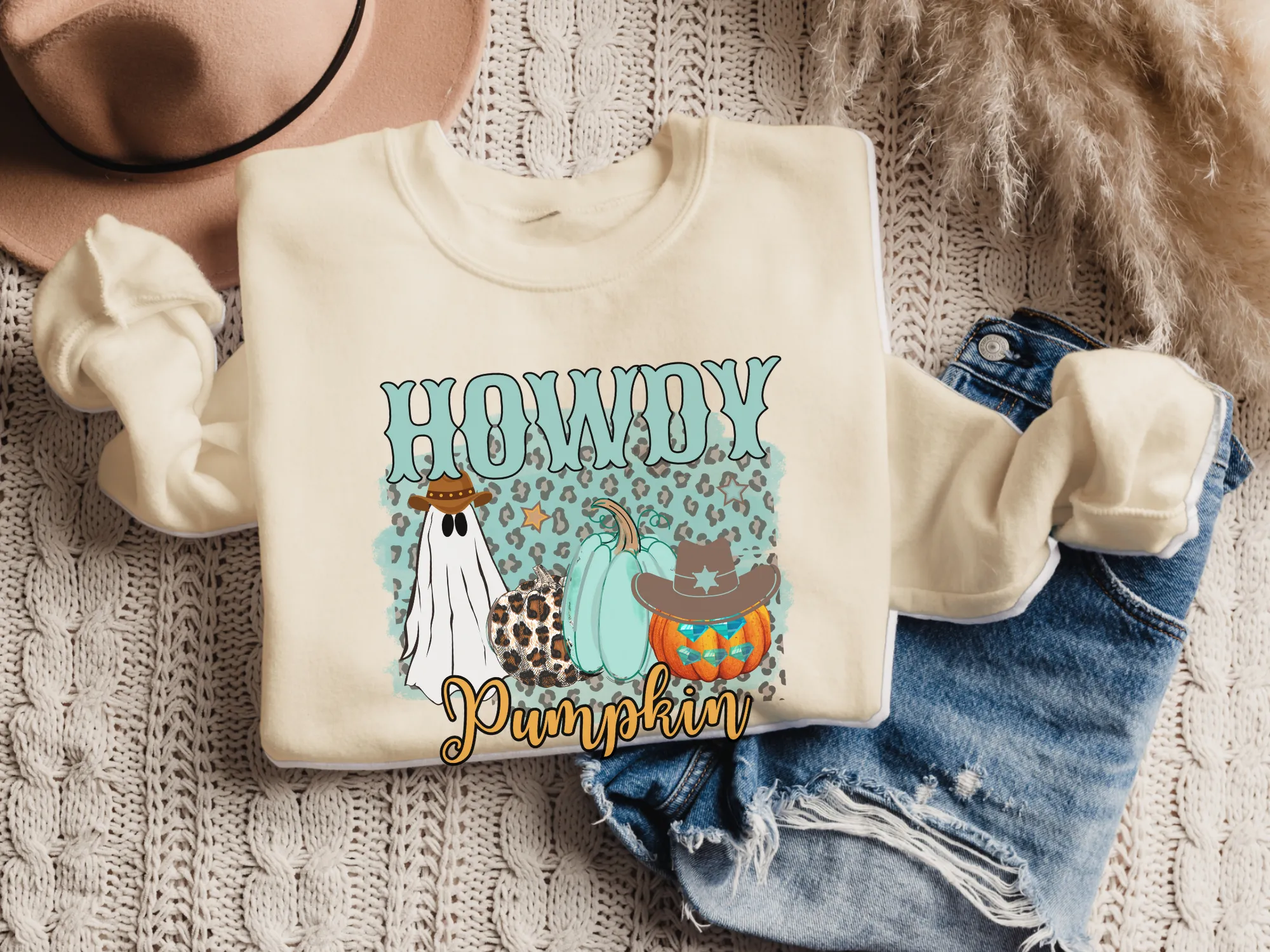 Women's Howdy Pumpkin Sweatshirt, Cute Halloween Crewneck Pullover