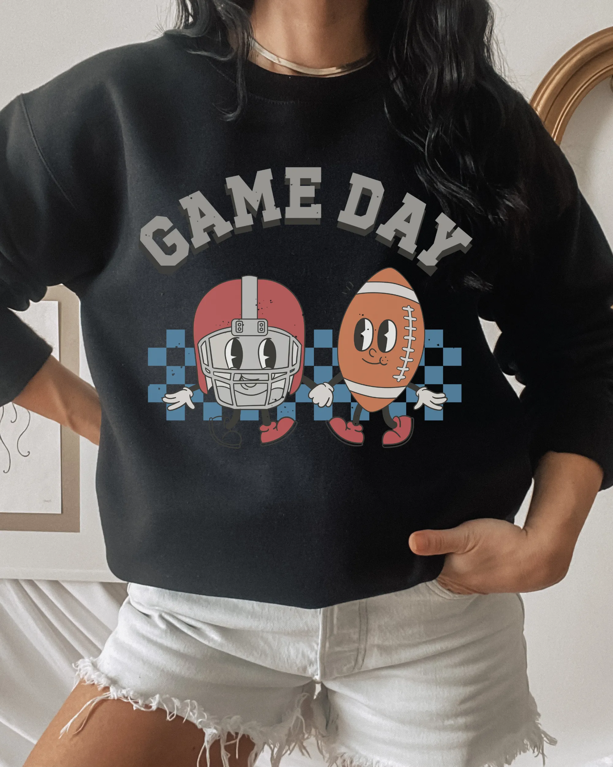 Women's Retro Design Game Day Sweatshirt, Cute Football Mom Crewneck Shirt